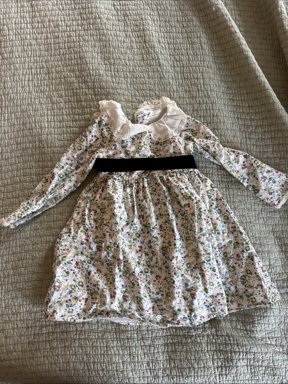Girls White Floral Ruffle Collar Dress with Black Waistband